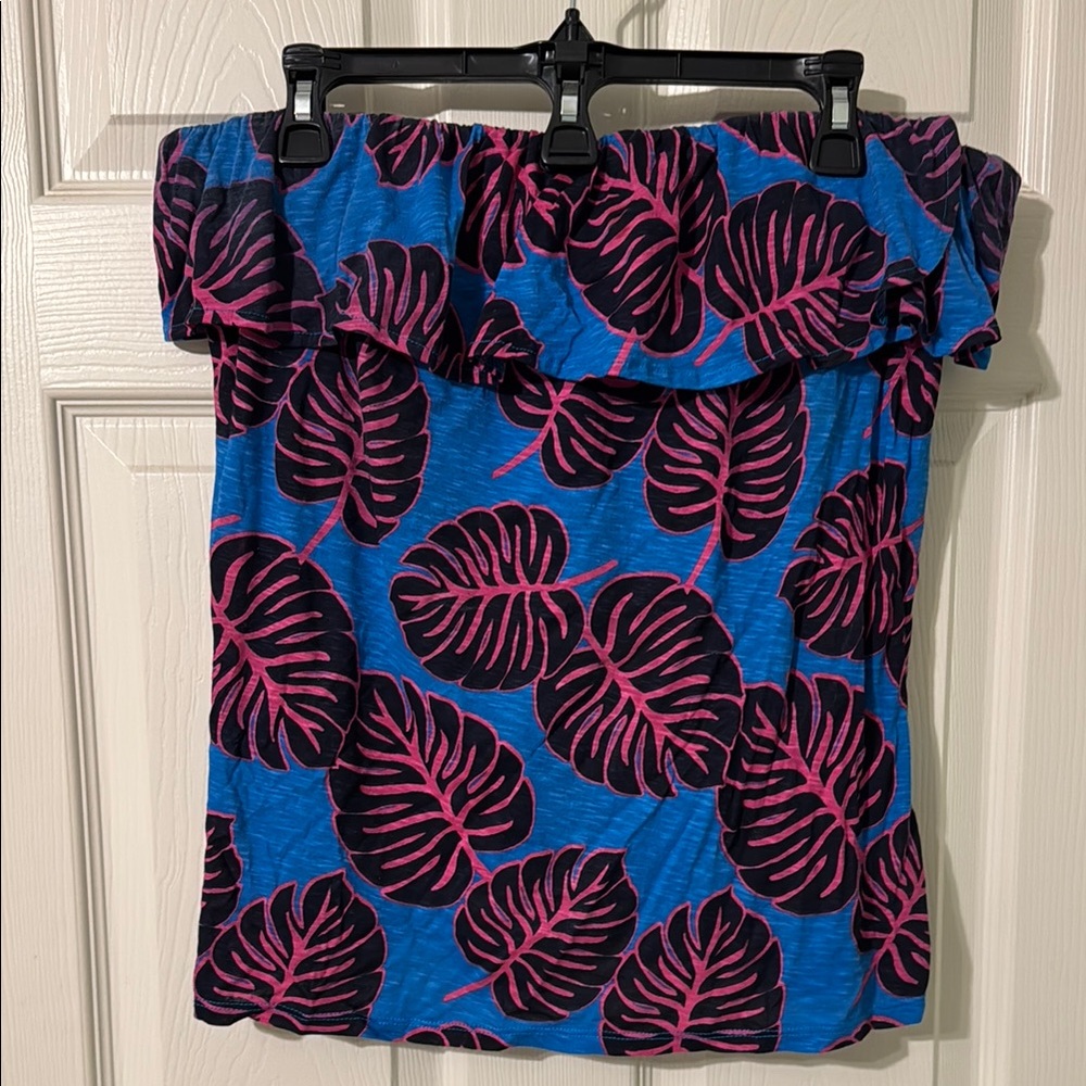 Blue and Pink Leaf Print Off-Shoulder Top